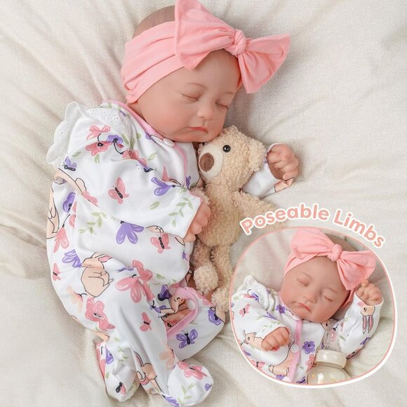 🆕17inch Soft Cloth Body Newborn Baby Poseable Limbs Pink White Baby Doll Girl - Picture 5 of 8
